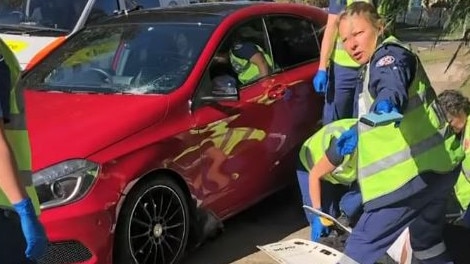 The Mercedes that struck Lorraine Gooden while she walked on the footpath at the intersection of Pringle and Haigh avenues at Belrose. Picture: Supplied