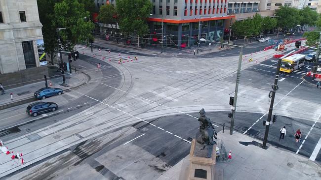 North Terrace and King William St intersection after the completed tram works. Picture: DPTI