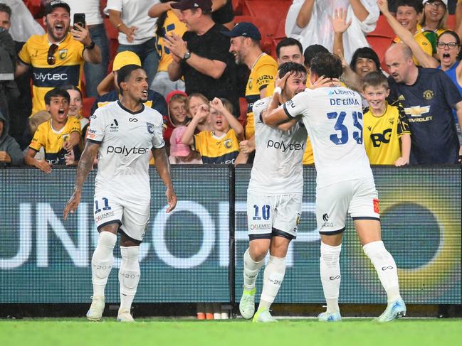 Arthur De Lima of the Mariners celebrates scoring a goal with Mikael Doka. Picture: Getty Images