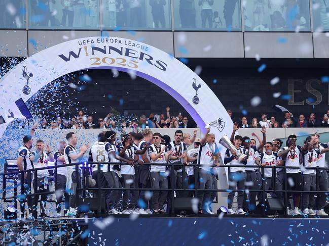 Tottenham players celebrate during the UEFA Europa League trophy parade. Picture: Getty Images