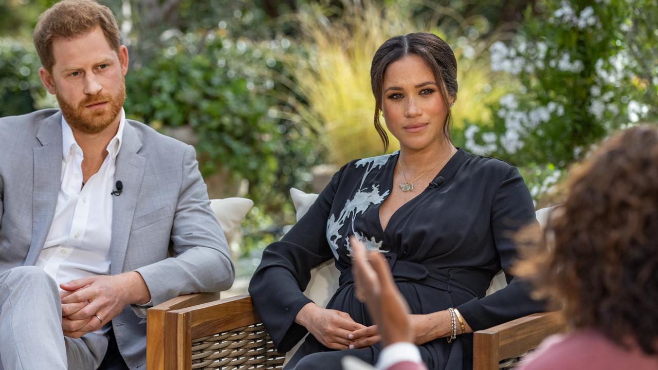 Harry and Meghan being interviewed by Oprah Winfrey. Picture: Joe Pugliese/Harpo Productions via Getty Images