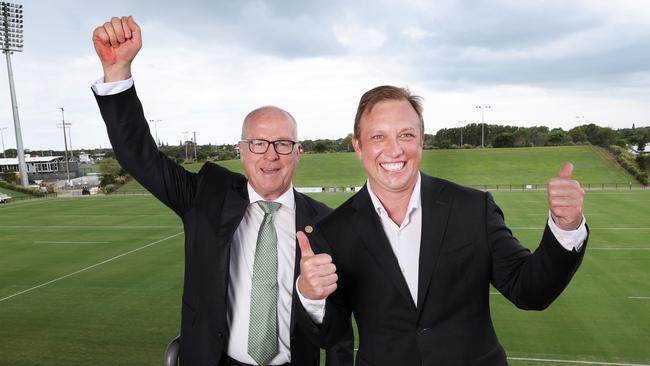 Sunshine Coast mayor Mark Jamieson and Queensland Acting Premier Steven Miles at the Sunshine Coast Stadium. Picture: Annette Dew