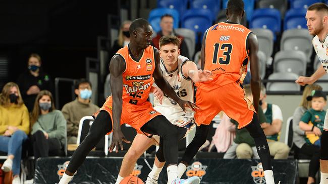 Bul Kuol of the Taipans dribbles the ball during the NBL Blitz match between Adelaide 36ers and Cairns Taipans. (Photo by Steve Bell/Getty Images)