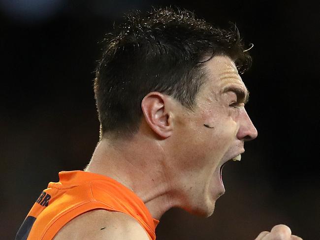 Giants Jeremy Cameron celebrates a goal during the AFL Preliminary Final match between the GWS Giants and the Collingwood Magpies at the MCG. Picture. Phil Hillyard