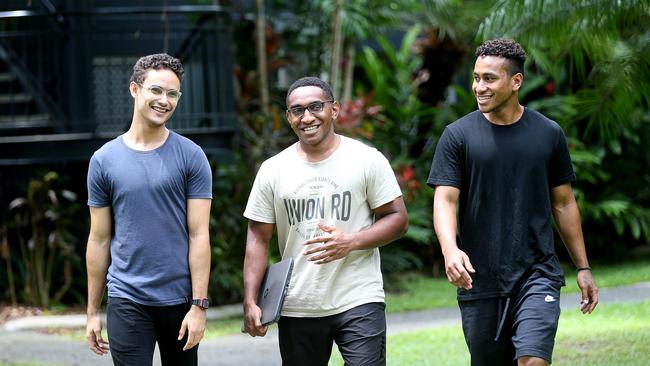 Cairns Student Lodge tenants James Steven 22 from Thursday Is, Newman Kenamu, 21 from PNG, and Pagave Puana, 23 from PNG at their Smithfield accommodation ahead of starting studies in Cairns. Picture: Stewart McLean