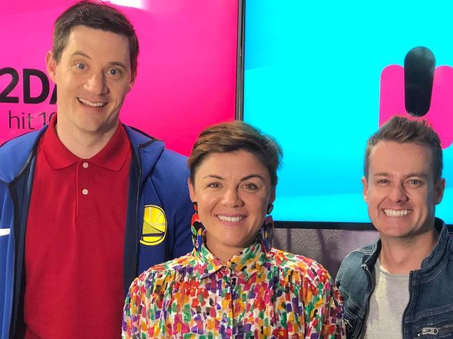 Denyer hit the radio waves at Sydney station 2Day FM alongside Ed Kavalee and Em Rusciano in 2018. Picture: Supplied