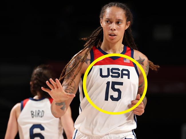 SAITAMA, JAPAN - AUGUST 08: Brittney Griner #15 of Team United States reacts during the first half of the Women's Basketball final game between Team United States and Team Japan on day sixteen of the 2020 Tokyo Olympic games at Saitama Super Arena on August 08, 2021 in Saitama, Japan. (Photo by Kevin C. Cox/Getty Images)