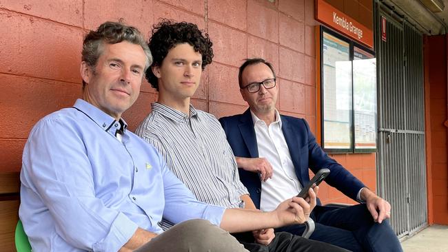 Greens candidates Jamie Dixon (Whitlam), Dylan Green (Cunningham) and David Shoebridge (Senate) waiting for the train on the long awaited Maldon-Dombarton line. Picture: Dylan Arvela