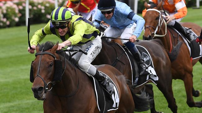 Jockey Mark Zahra rides Ventura Storm to victory in the Moonee Valley Gold Cup on Cox Plate Day. Picture: AAP