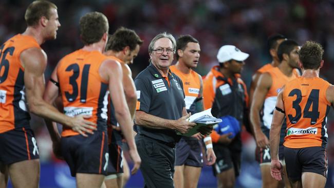 Kevin Sheedy addresses the Giants during the round one game in 2012. Pic. Phil Hillyard