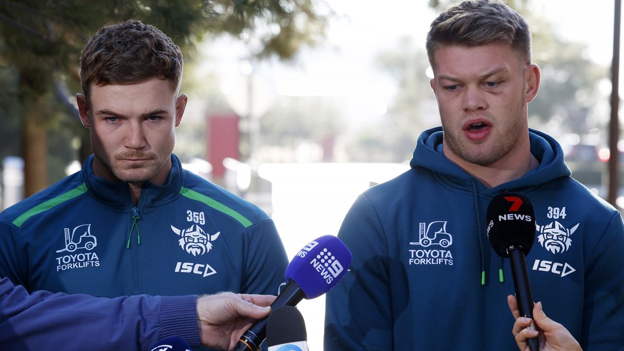 Canberra Raiders players Hudson Young (left) and Morgan Smithies outside their Hilton Resorts World Hotel in Las Vegas on Tuesday morning. Picture: Jonathan Ng