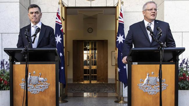 Chief Medical Officer Brendon Murphy and Scott Morrison on Wednesday. Picture: Gary Ramage