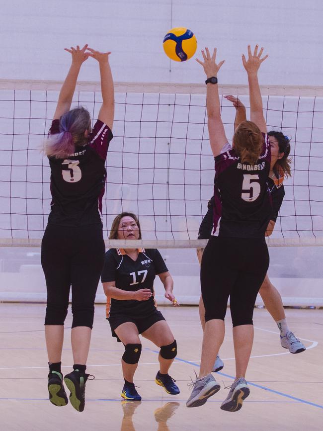 Action as Hard CorÃ“t V Haikyu in the Pan Pacific Masters Games Volleyball tournament. Picture: Glenn Campbell
