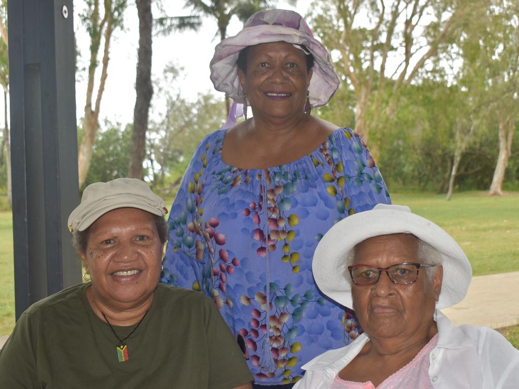 Selbena Mallie, Cecilia Wahl and Noelene Choppy at the Mackay & District South Sea islander Association's 2022 Australia Day Celebrations in Quota Park. Picture: Lillian Watkins