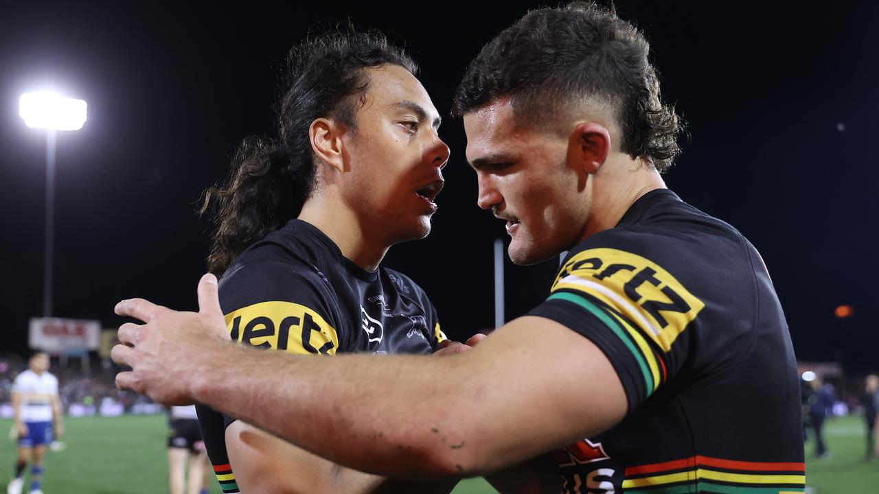 PENRITH, AUSTRALIA - SEPTEMBER 09: Jarome Luai of the Panthers and Nathan Cleary of the Panthers celebrate after the NRL Qualifying Final match between the Penrith Panthers and the Parramatta Eels at BlueBet Stadium on September 09, 2022 in Penrith, Australia. (Photo by Mark Kolbe/Getty Images)