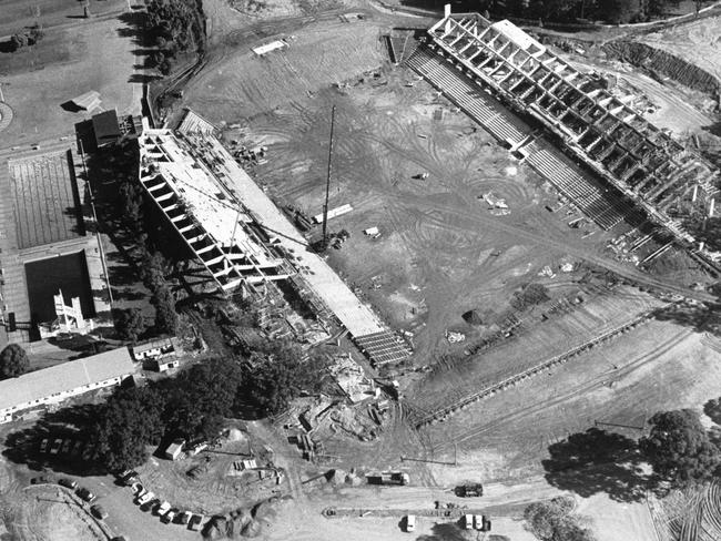 Construction of Parramatta Stadium on the site of Cumberland Oval in July 1985. Picture: Fullagar News