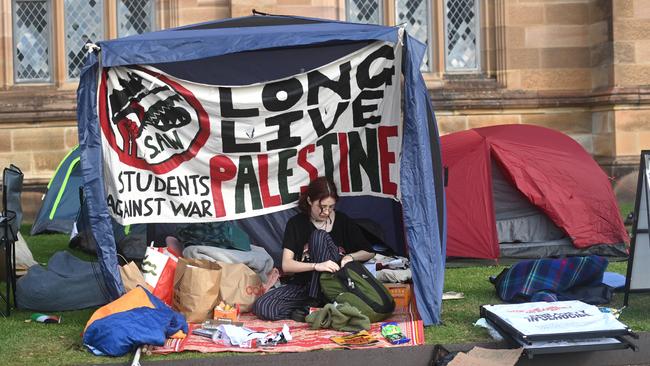 A protester at the encampment at the University of Sydney in April last year.