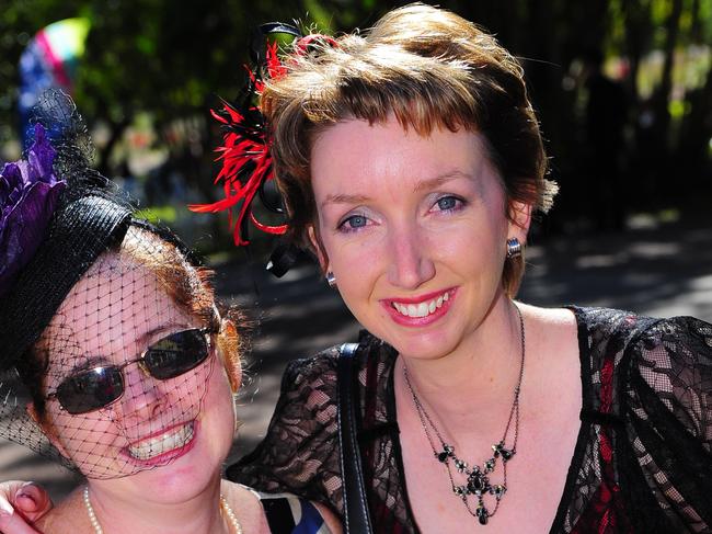 (L-R) Penny Falkenhagen and Catherine Prowse enjoy the day at Cluden Race Track in Townsville for Ladies Day.