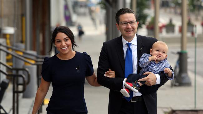 Pierre Poilievre, wife Anaida and son Cruz in 2022. Picture: Dave Chan / AFP
