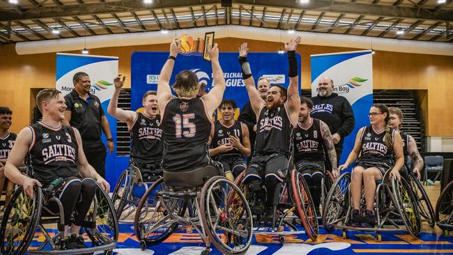 The Darwin Salties Wheelchair team celebrating winning the 2023 championship. Picture: Facebook/Darwin Salties NWBL