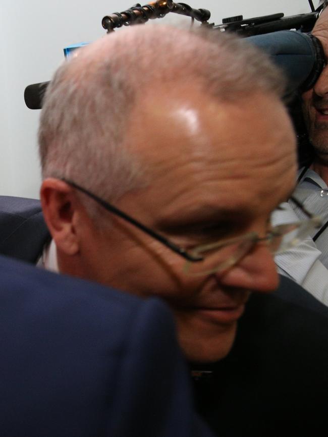 Treasurer Scott Morrison literally ran in to the Opposition’s Chris Bowen after giving his speech. Picture: Gary Ramage