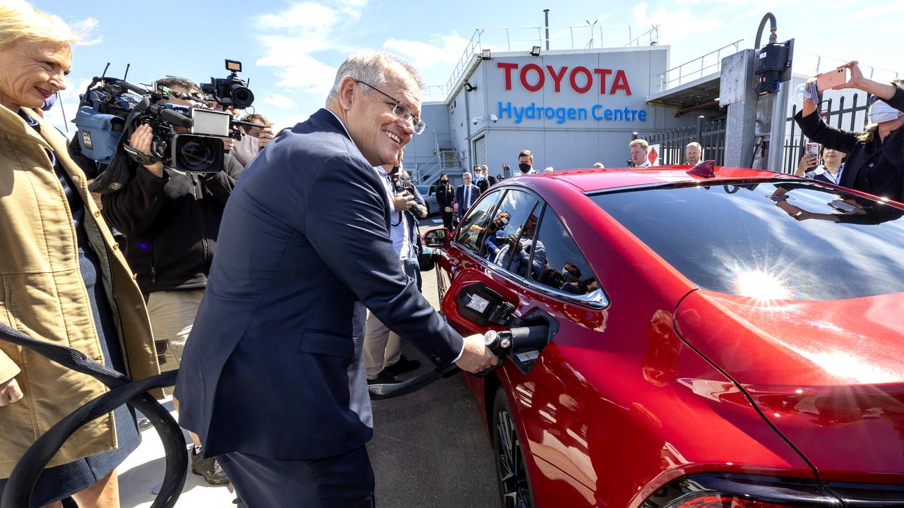 Prime Minister Scott Morrison visited the Toyota Hydrogen Centre in Altona to unveil a new $250m electric vehicle plan on Tuesday. Picture: NCA NewsWire / David Geraghty