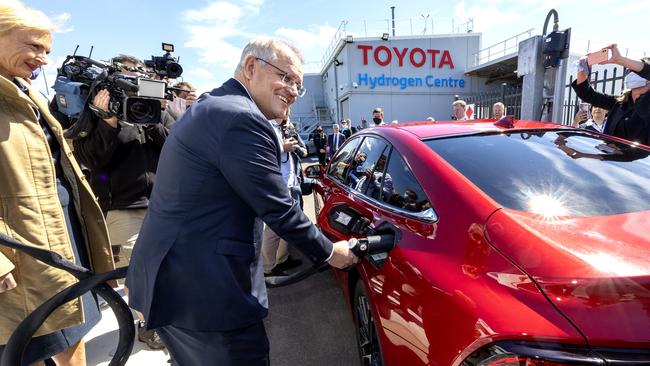 Prime Minister Scott Morrison visited the Toyota Hydrogen Centre in Altona to unveil a new $250m electric vehicle plan on Tuesday. Picture: NCA NewsWire / David Geraghty