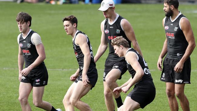 Port Adelaide’s Zach Butters, Connor Rozee, Xavier Duursma, Todd Marshall and Paddy Ryder train at Adelaide Oval. Picture: Sarah Reed