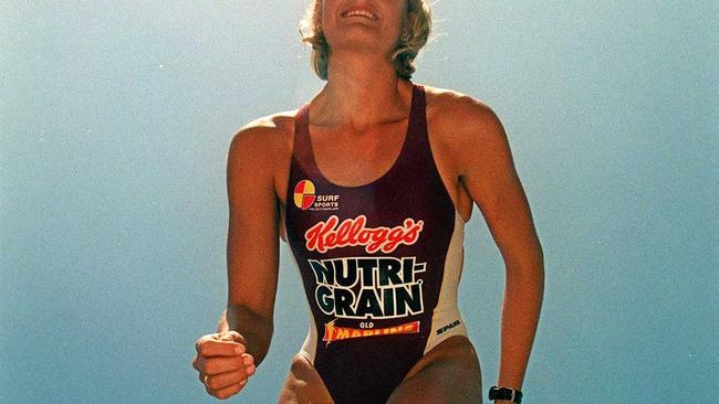 IRONWOMAN: Kerri Thomas, pictured at at Bondi in 1998 promoting surf safety and the Nutri-Grain National Surf League.