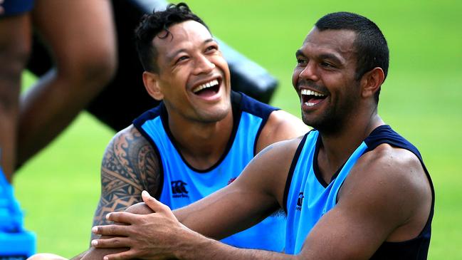 Israel Folau and Kurtley Beale during training today with the Waratahs at Moore Park after Kurtley signed a deal with London Wasps. Picture: Adam Taylor