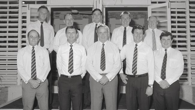 The Perron ministry in December 1990. Back row: Steve Hatton MLA, Max Ortmann MLA, Mike Reed MLA, Daryl Manzie MLA, Fred Finch MLA. Front row: Roger Vale MLA, Marshall Perron MLA, Administrator Justice James Muirhead AC, Barry Coulter MLA, Shane Stone MLA. Picture: Library &amp; Archives NT