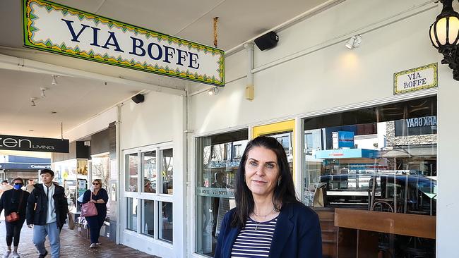 Susanne Withington out the front of her now closed Via Boffe Cafe at Mornington. Picture: Ian Currie