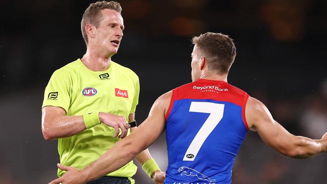 Jack Viney gives a 50m penalty away. Picture: Michael Klein