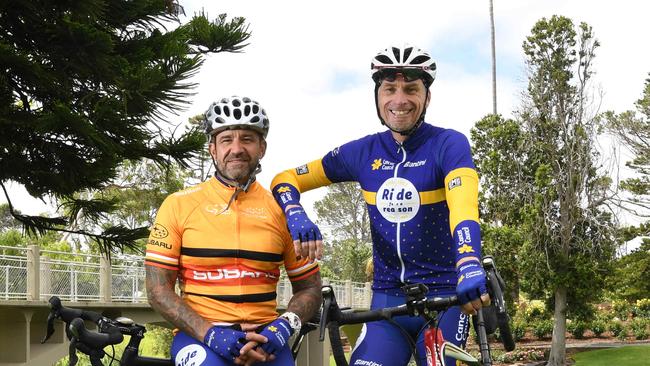 FOR THE TDU MAGAZINE: Patrick Jonker (the professional) and Rob Yates (the average punter) ride the TDU challenge route from Glenelg to Strathalbyn. They are pictured at the end of the ride at Strathalbyn. Picture: Tricia Watkinson