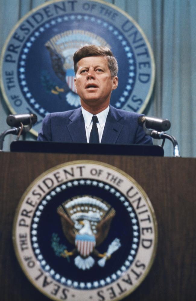 US President John F. Kennedy addresses a press conference, circa 1963. Picture: Arnold Sachs