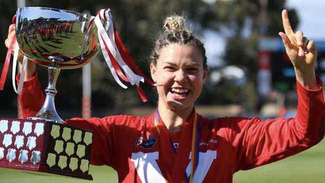 North Adelaide SANFLW star Anna Hatchard after winning the 2020 grand final and best on ground medal. Picture: Deb Curtis