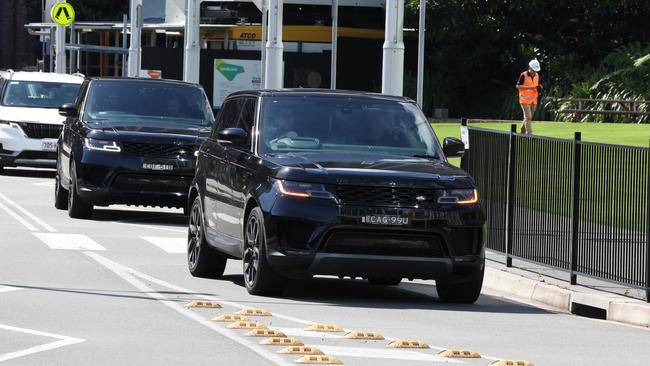 Cars transporting Travis Kelce and his entourage arrive outside the Crown Hotel in Sydney on Thursday morning. Picture: Rohan Kelly