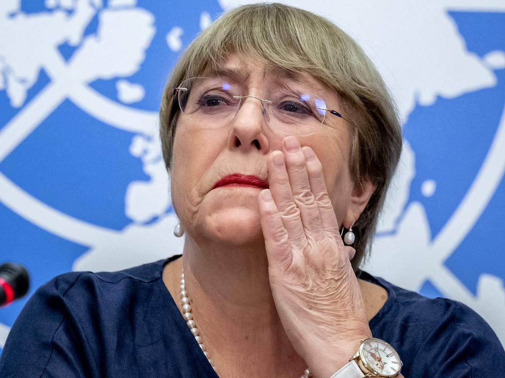 Outgoing United Nations High Commissioner for Human Rights Michelle Bachelet gives a final press conference at the United Nations offices in Geneva. Bachelet faced pressure to release a long-delayed report on the situation in the Xinjiang region.