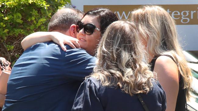 Friends and relatives at the Parkwood funeral for Gold Coast criminal lawyer Evan Cooper who died in January. Picture: Glenn Hampson.