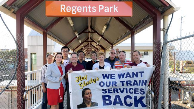 Bankstown state Labor MP Tania Mihailuk, Roydon Ng and commuters during a protest against the Sydney Metro Southwest plans at Regents Park station in September 2018. Picture: Simon Bullard