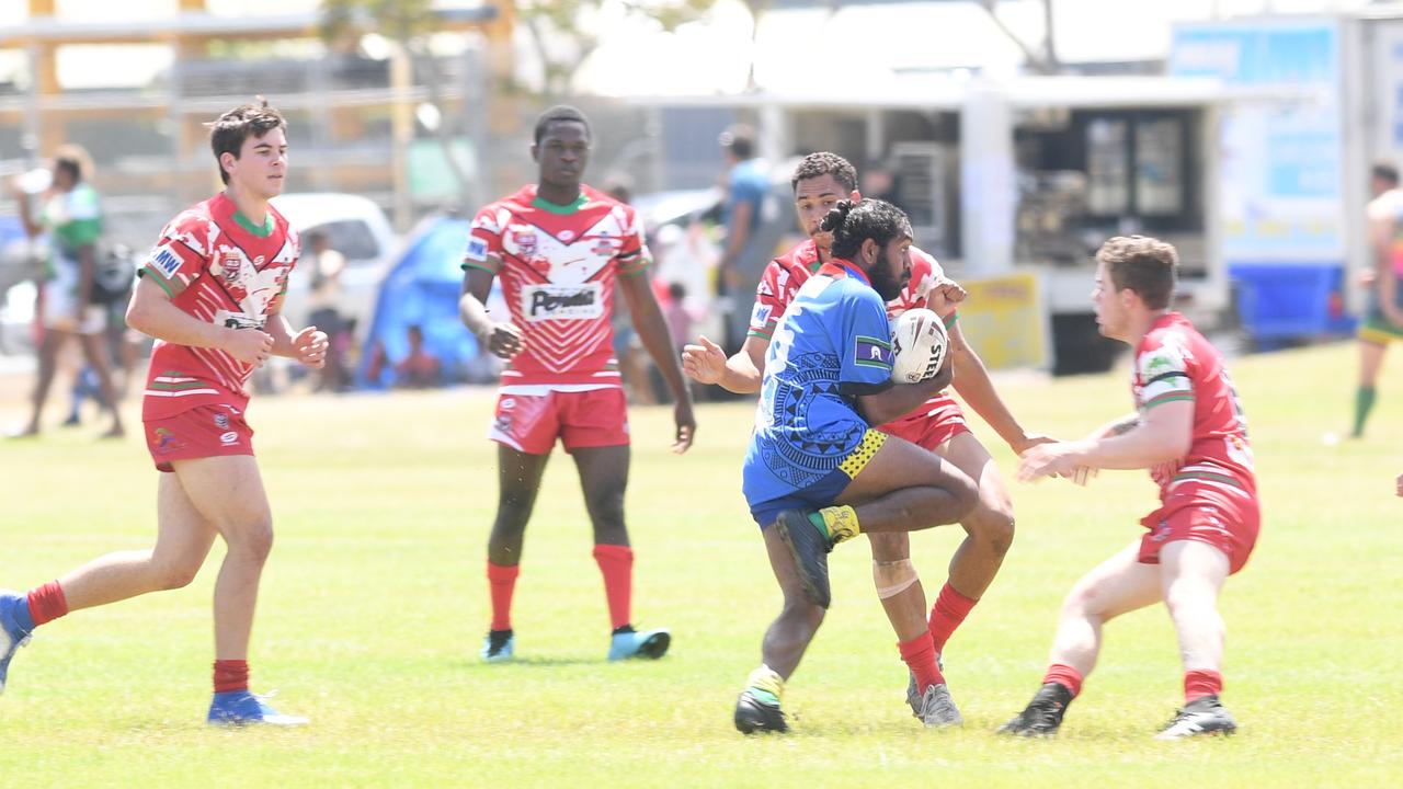 RUGBY LEAGUE - A DAY AT THE PARK: Woorabinda Warriors I's Maurice Cameron with the ball