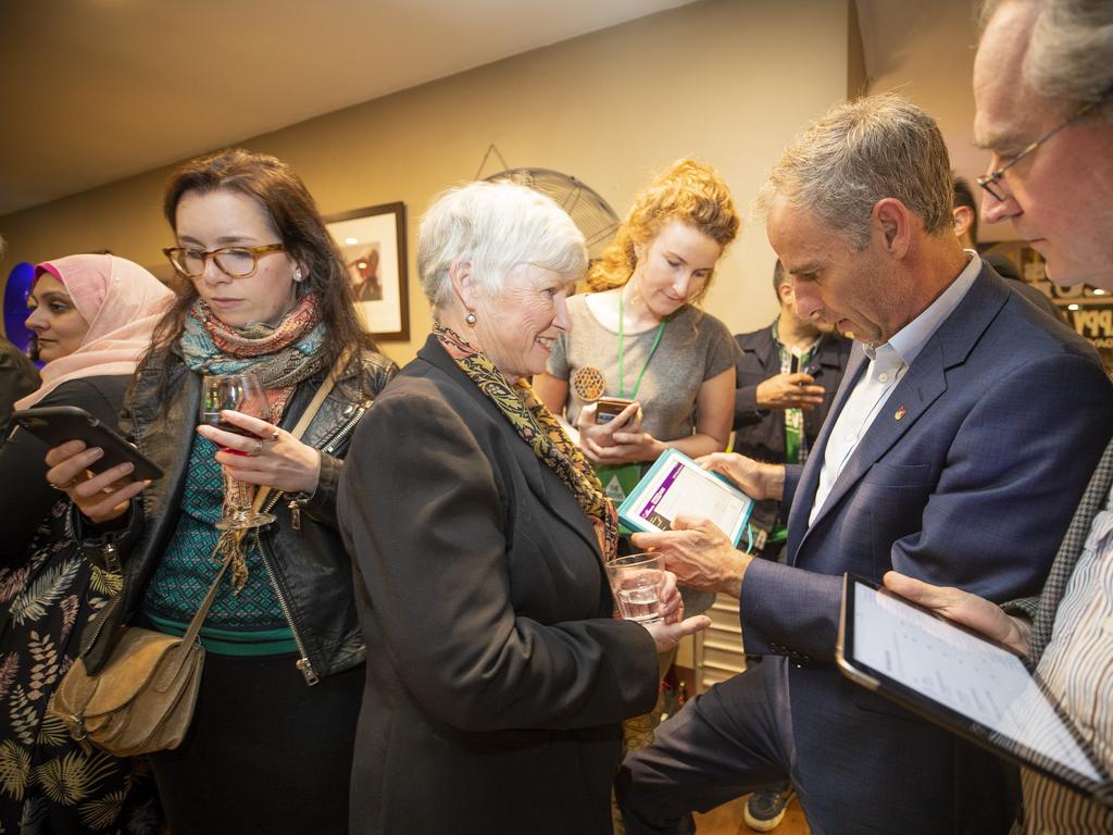 Christine Milne and Nick McKim watch the AEC website for results. Greens Senator Nick McKim at the Greens after party in Hobart. Picture: RICHARD JUPE