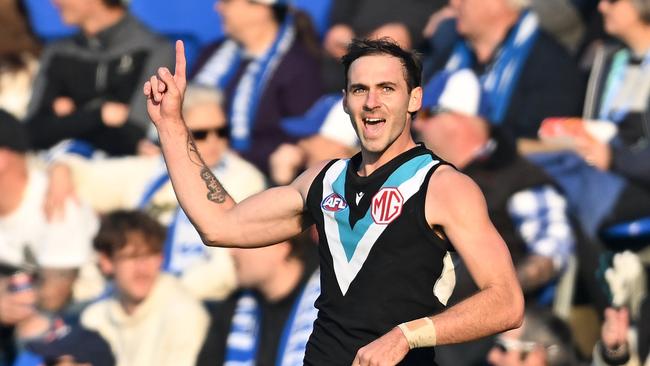 HOBART, AUSTRALIA - MAY 13: Jeremy Finlayson of the Power celebrates during the round nine AFL match between North Melbourne Kangaroos and Port Adelaide Power at Blundstone Arena, on May 13, 2023, in Hobart, Australia. (Photo by Steve Bell/Getty Images)