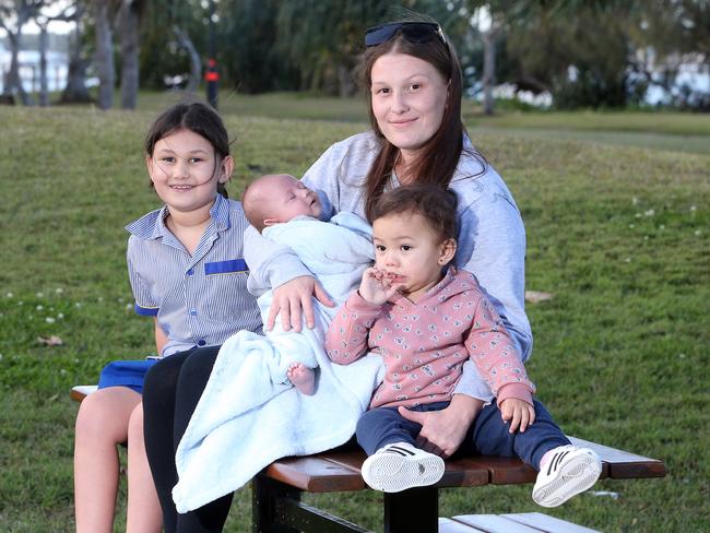 Alexi Bennett with her children Leilani, Alaysia Tiumalu and baby Kross. Picture: Richard Gosling.