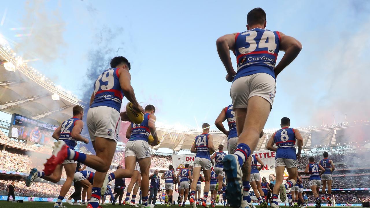 The Dogs run out for the 2021 AFL Grand Final. Picture: Getty Images