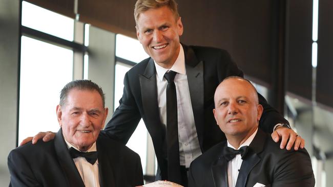 Kane Cornes (centre) and George Fiacchi (right) inducted into the Port Adelaide Hall Of Fame, with Port Adelaide great Geof Motley (left). Picture: Dean Martin