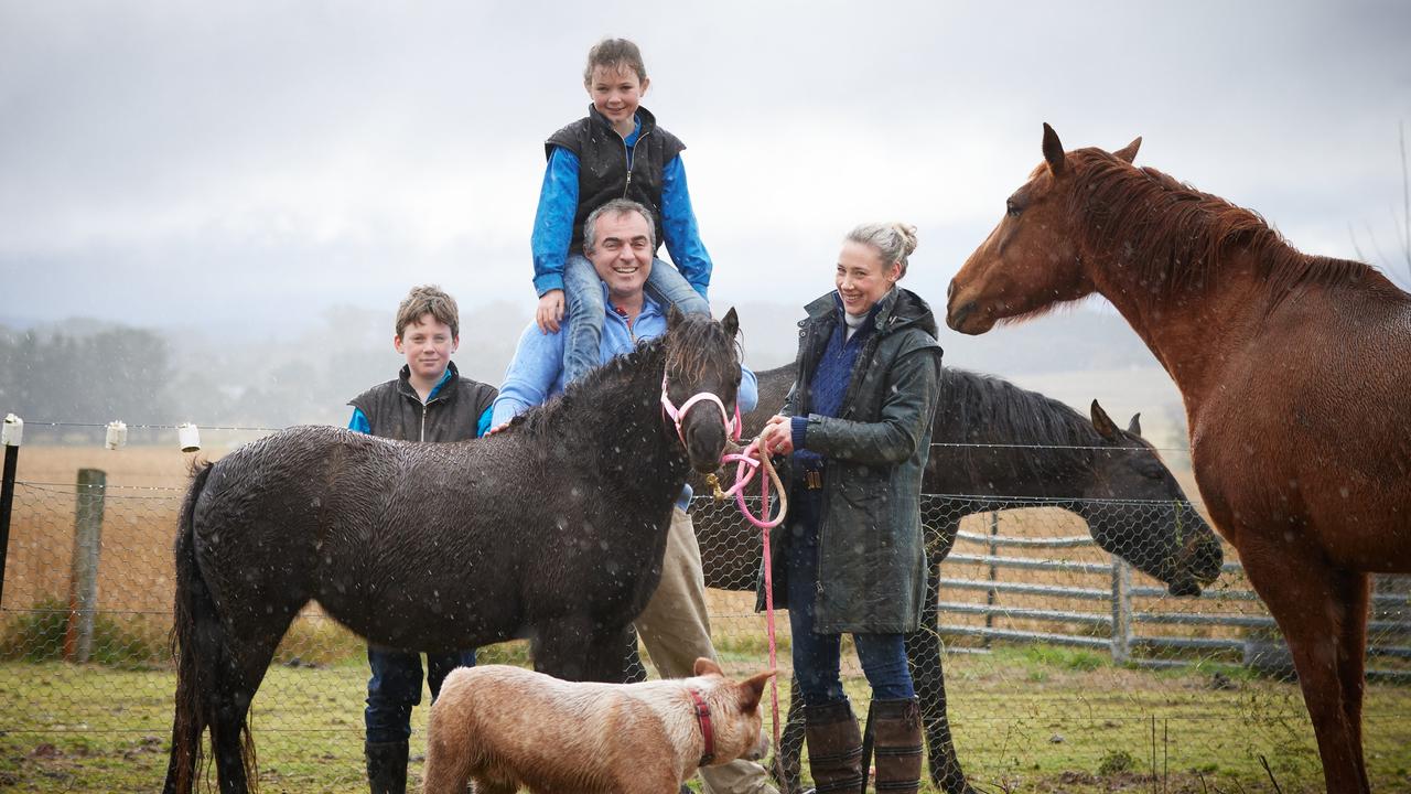 Dr Peter Kilby with family: George 11, Lilly-Grace 8, and wife Arabella at their home near Millthorpe NSW. Picture: Graham Schumann