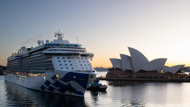 The Majestic Princess arrives to dock at the overseas passenger terminal in Sydney with 800+ COVID positive passengers onboard on Saturday. Picture: News Corp