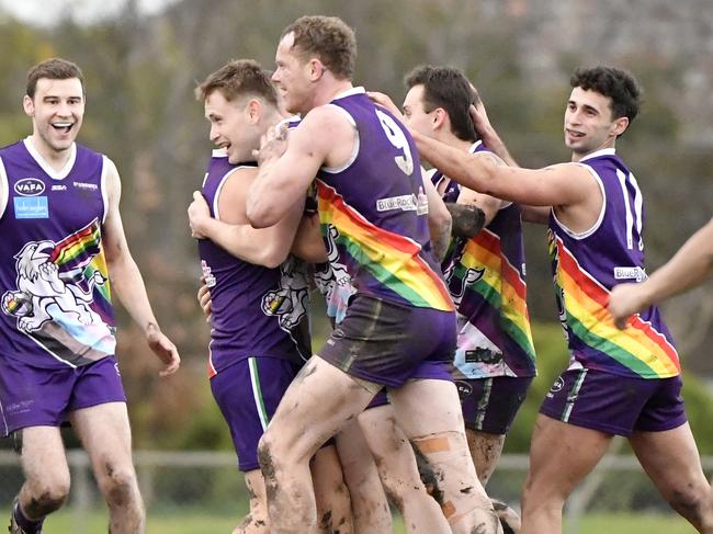 VAFA: Division 2 MenÃ¢â¬â¢s, Round 12. Brunswick FC Senior Mens vs Elsternwick Senior Mens at Gillon Oval, Brunswick, Victoria, Saturday 13th July, 2024.Thomas Wilson celebrates a goal with excited team mates.Photo: Andrew Batsch