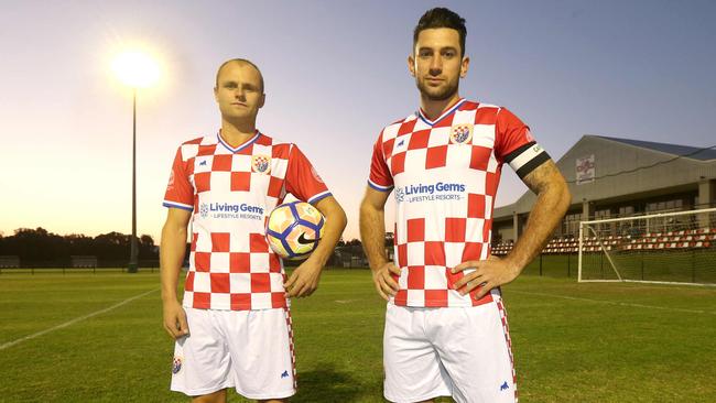 Gold Coast Knights players Teddy Watson and Andrew Barisic at Carrara’s Croatian Sports Centre. Picture: Mike Batterham